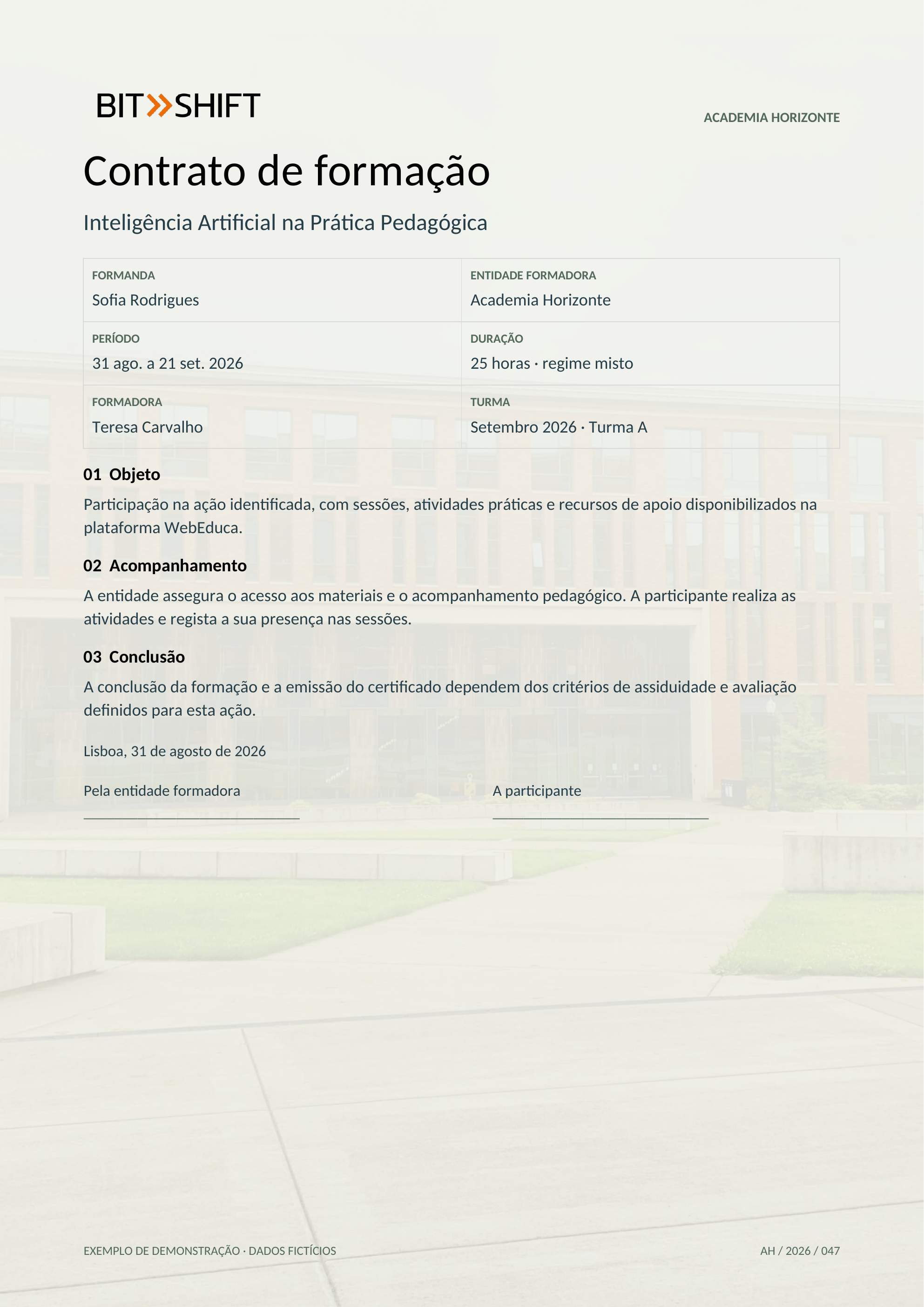 Contrato de formação em A4 vertical, criado em Word, com logótipo BitShift, dados fictícios de Sofia Rodrigues e fotografia de campus como fundo translúcido.