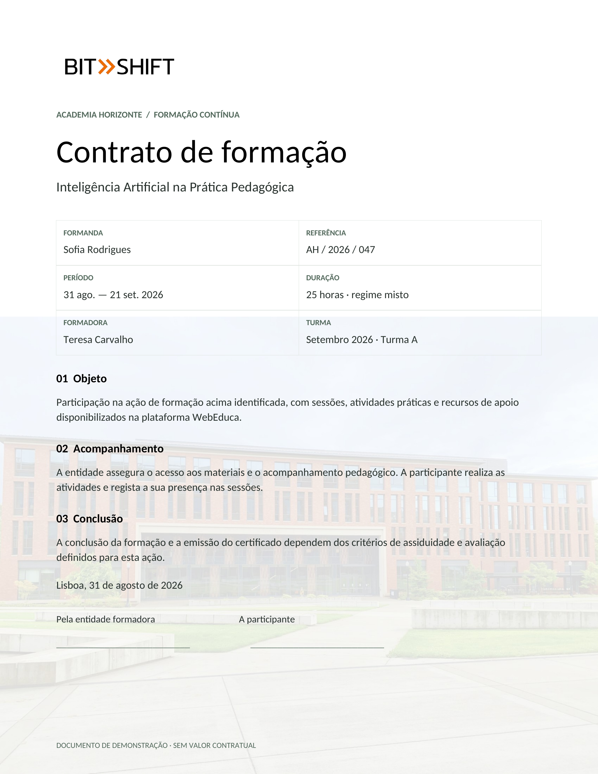 Contrato de formação criado em Word, com logótipo BitShift, dados fictícios de Sofia Rodrigues e fotografia de um campus como fundo translúcido.