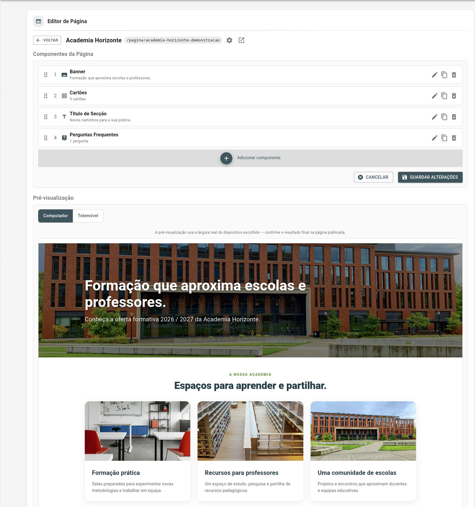 Construtor de páginas do WebEduca com blocos editáveis e pré-visualização de um banner de campus e cartões com fotografias de sala de formação e biblioteca.