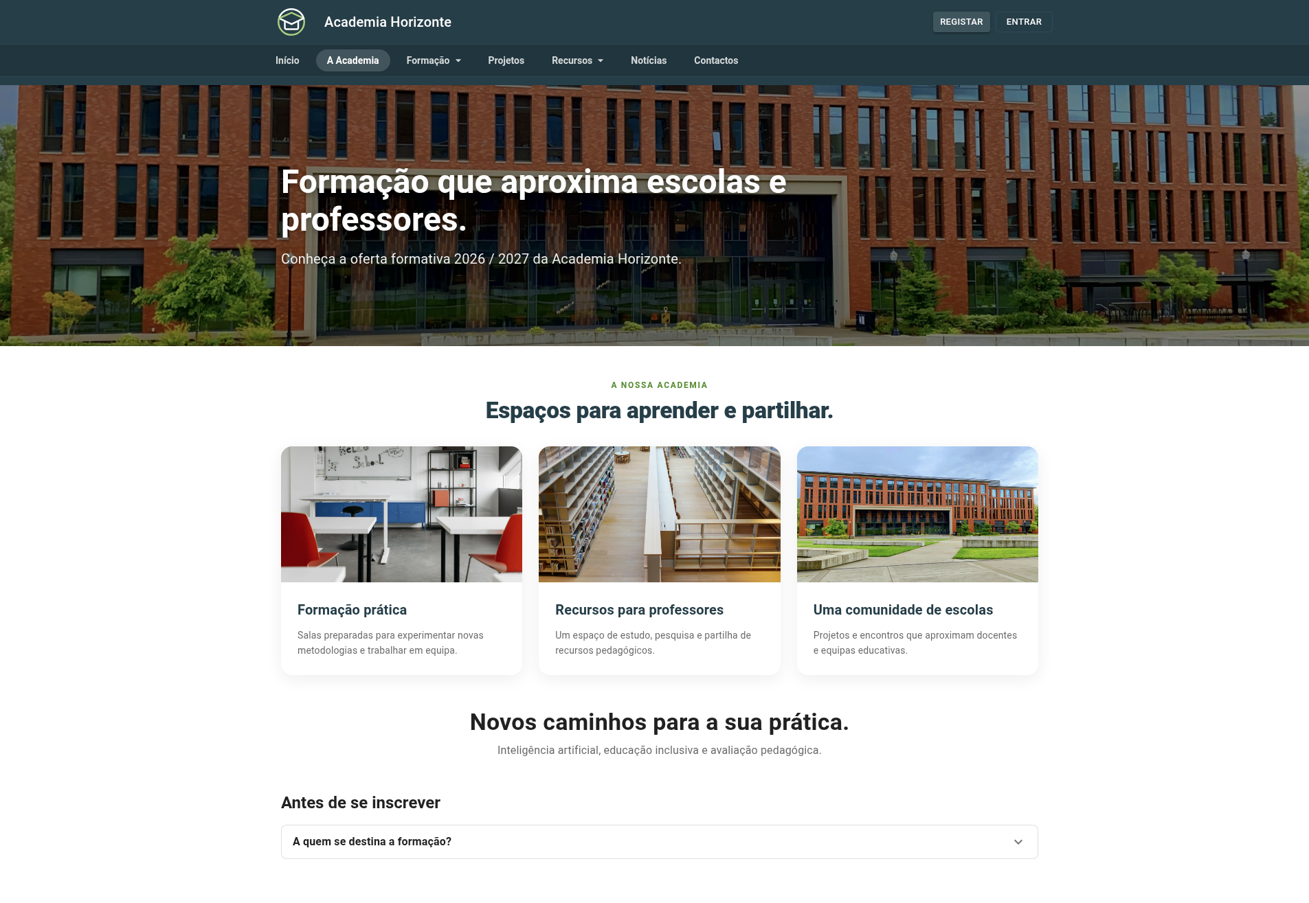 Website de demonstração da Academia Horizonte, com botões Início, A Academia, Formação, Projetos, Recursos, Notícias e Contactos, opções de registo e entrada, banner de campus e cartões com fotografias.