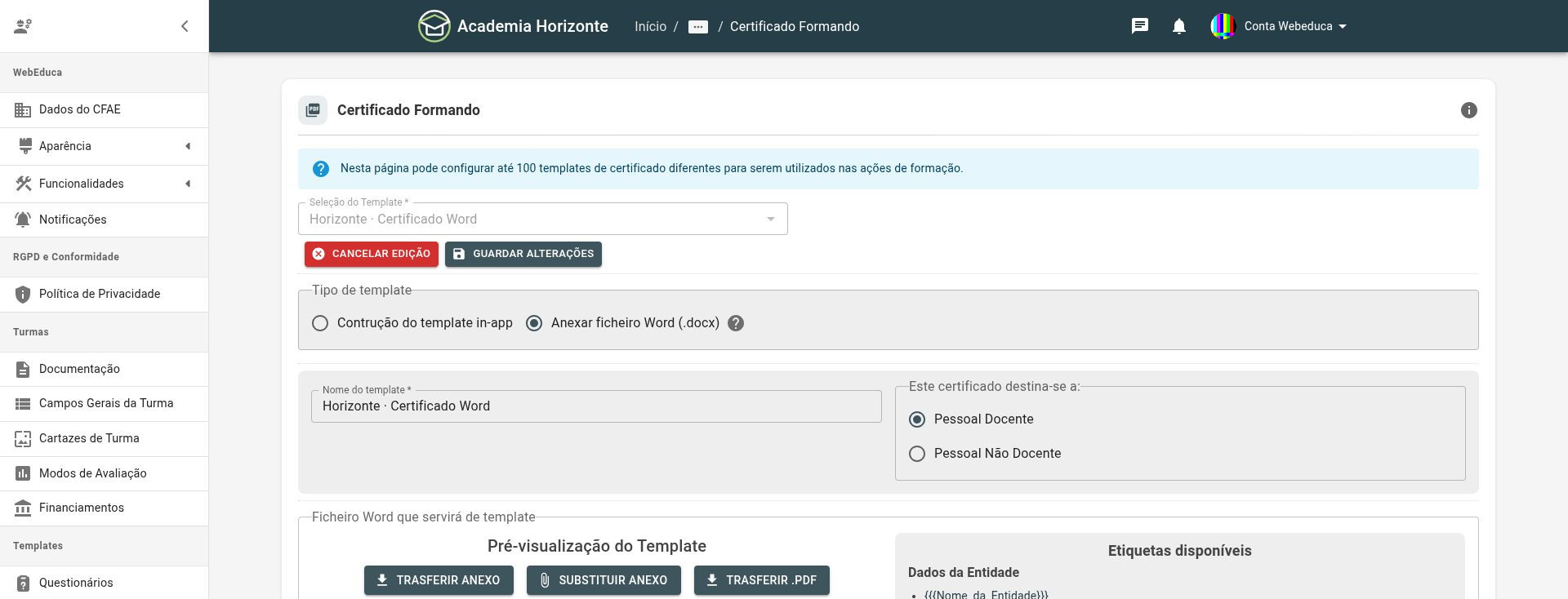 Configuração do modelo Horizonte · Certificado Word, com ficheiro .docx, nome e destinatários.